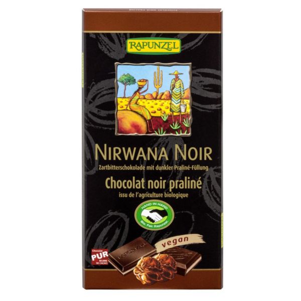 Rapunzel Nirwana Noir vegane Schokolade mit Praliné Füllung Hand in Hand, Bio, 100 g