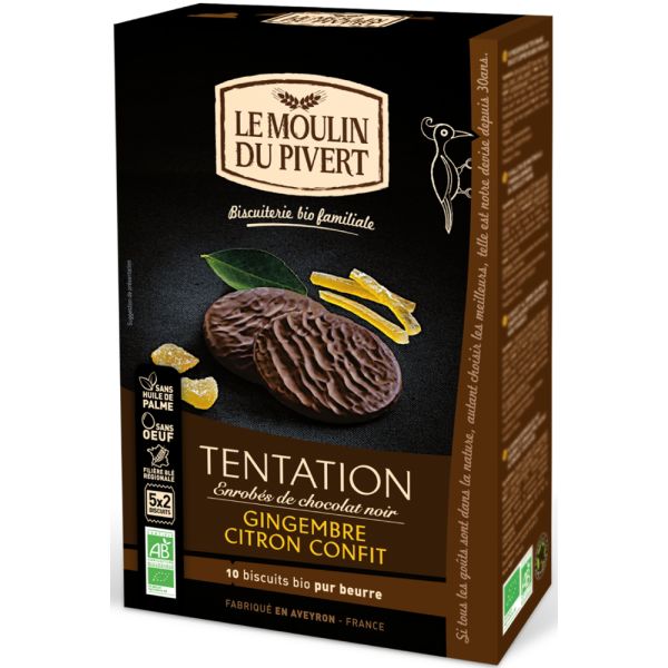 Le Moulin Du Pivert Tentation Ingwer Zitronen Kekse mit Zartbitterschokolade, Bio, 130 g | MHD: 21.06.2022 | 30% reduziert