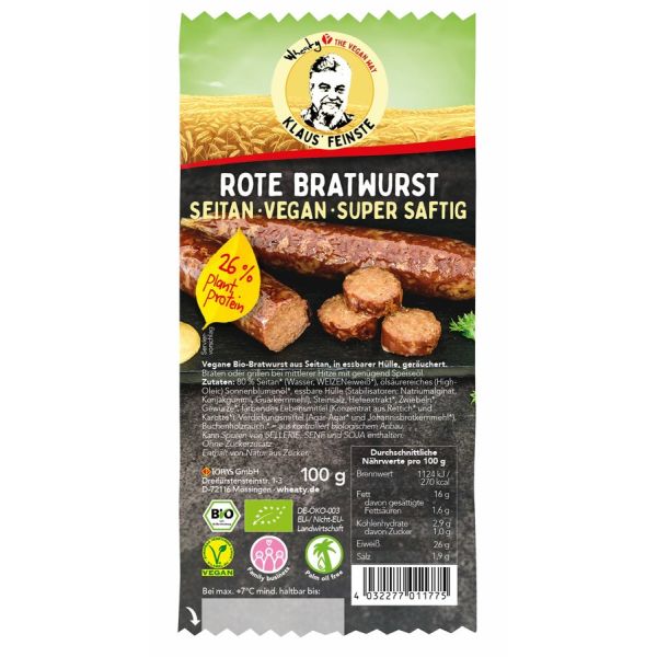 Wheaty KLAUS FEINSTE Rote Bratwurst, Bio, 100 g