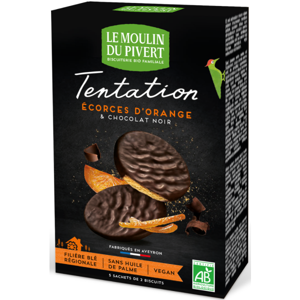 Le Moulin Du Pivert Tentation Kandierte Orangen Kekse mit Zartbitterschokolade, Bio, 130 g