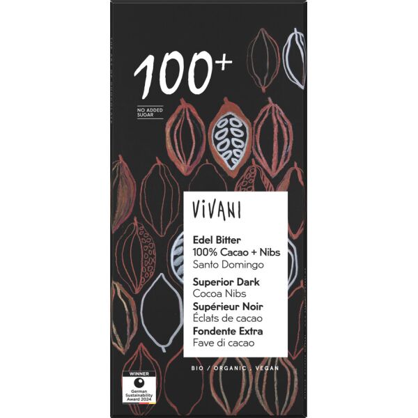 Vivani Edel Bitter 100 % Cacao + Nibs, Bio, 80 g